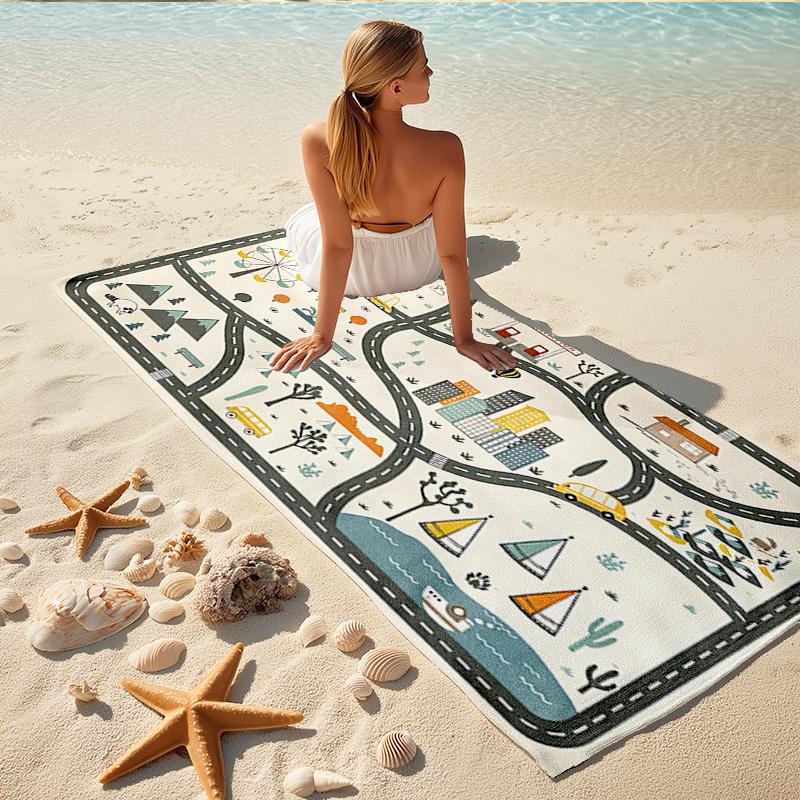 1Pc City Life Adventure Map Beach Towel, Quick Dry, Multi-Use for Beach Pool Gym Yoga Home Travel, Christmas, Halloween, Xmas Gift M928103