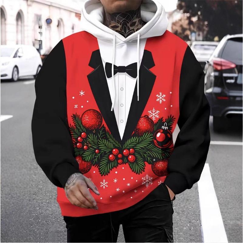 Módní pánská vánoční mikina s kapucí a stahovací šňůrkou z polyesterové tkaniny pro sváteční nošení s dlouhým rukávem a 3D potiskem