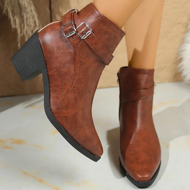 Neue Große Größe Spitze Chunky Heel Stiefel Damen Britischer Stil Seitenreißverschluss Chelsea Kurzstiefel Hoher Absatz PU Matt