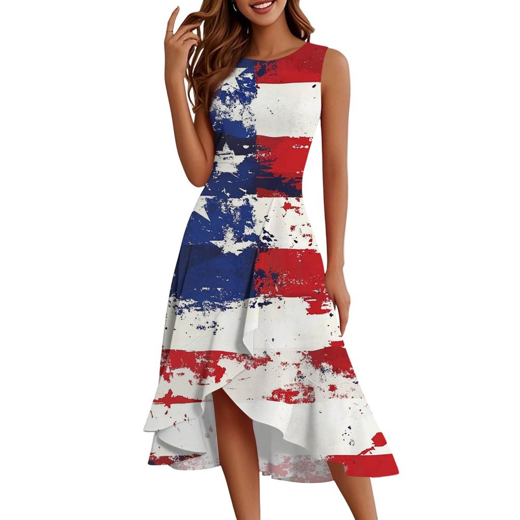 Women's Fashion Casual Zipper Sleeveless Round Neck Independence Day Elegant Temperament Ruffle Dresses Dresses