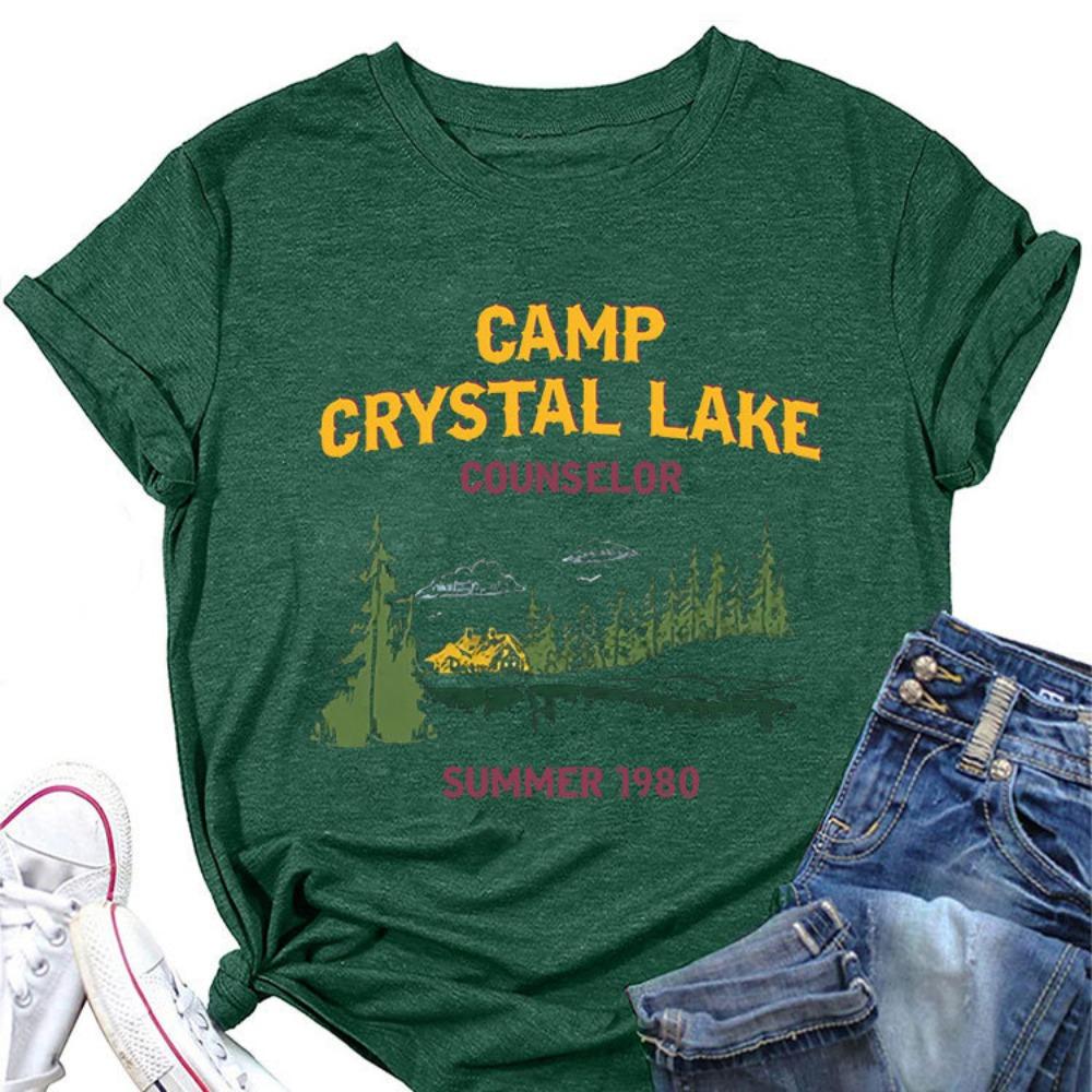 Summer New Women's Short Sleeved T-shirt Camp Crystal Lake Print Loose Round Neck Casual Top Paired with All Fashionable Clothing
