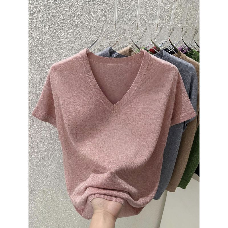 

Summer French Style V-neck Short Sleeve T-shirt Top Women s New Arrival Thin Flashing Bright Silk Design Loose Flying Sleeve Knitwear Pink XL