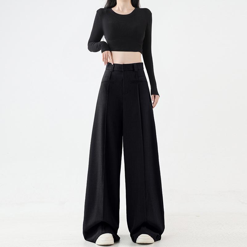 2025 High Waist Slim Straight Women's Floor-Length Drape Pants - Spring & Autumn Wide-Leg Suit Style.