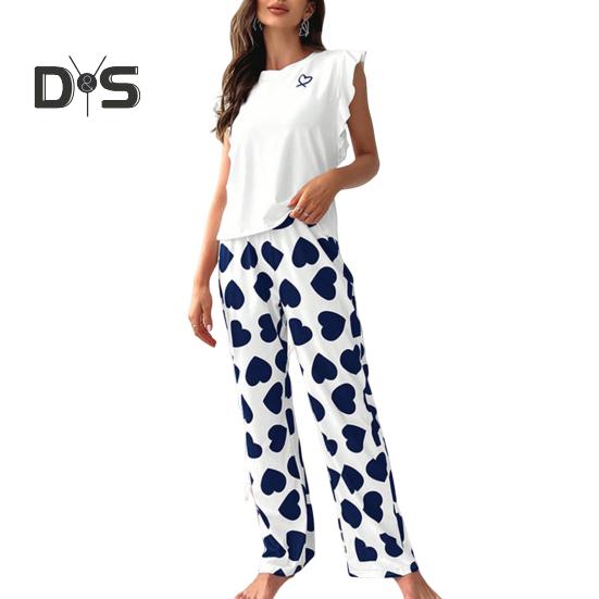 

Женский атласный пижамный комплект, топ с оборками и широкие брюки, повседневный комплект из 2 предметов домашней одежды для отдыха M темно-синий