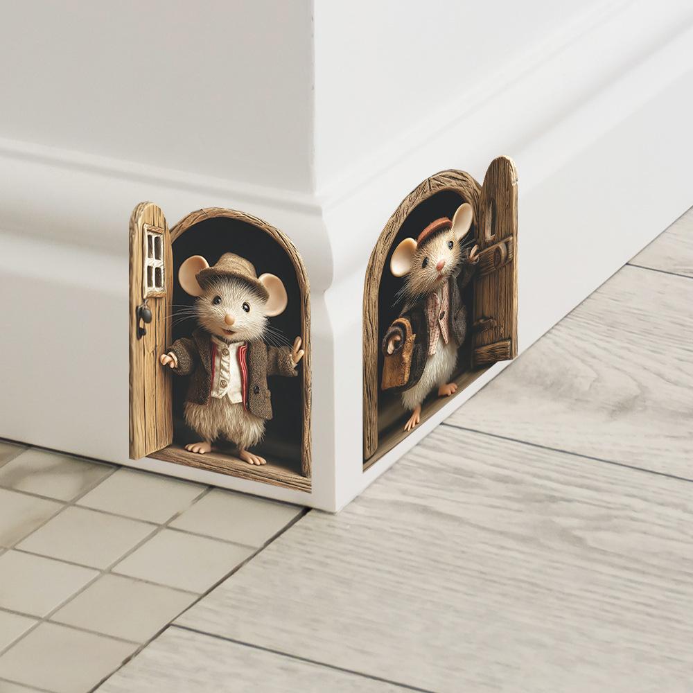 Cartoon Rat In Suit Opening Door Baseboard Sticker for Home Decor Self-Adhesive Removable Decal