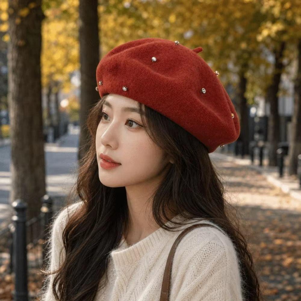 Starry Sky Rhinestones Beret Multi color Artist Hat Fashion Wool Beret Winter