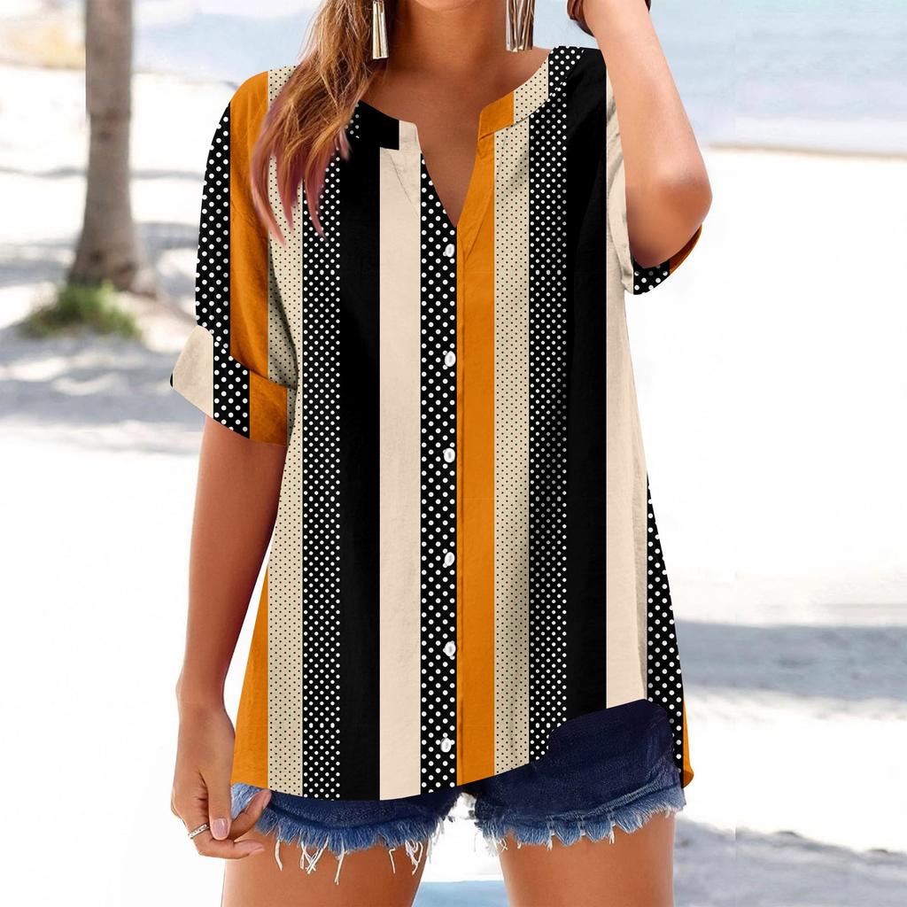 Women's loose printed stand collar short-sleeved cotton and linen top