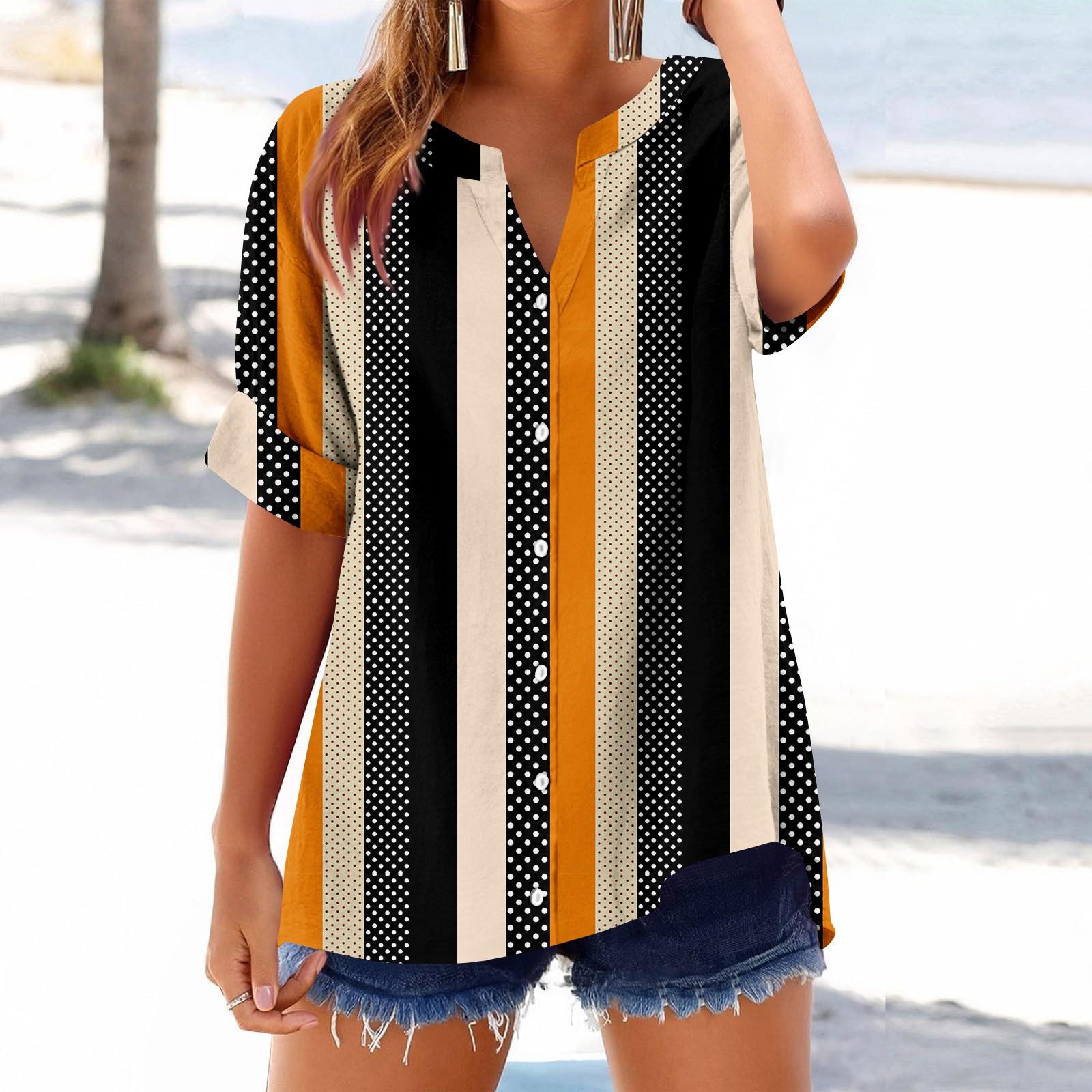 

Женский свободный топ из хлопка и льна с принтом, воротником-стойкой и короткими рукавами L оранжевый