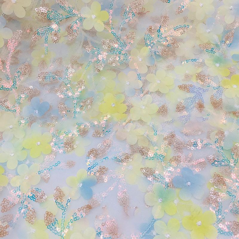 100x130cm 3D Floral Sequin Tulle Fabric Printed Sheer Mesh Cloth Glitter Sequin Net for Wedding Dress DIY Sewing Decor Material