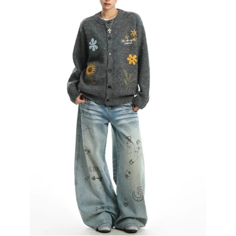 DIMANAF 2026 Otoño Invierno Nuevo Suéteres de Talla Grande para Mujer Cárdigan Camisa de Punto Bordado Floral Manga Larga Cuello Redondo Tops Casuales para Señora