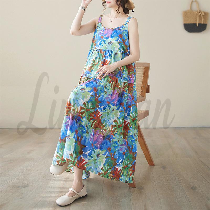 2026 Summer Cotton Linen Patchwork Long Dress with Slimming Fit Plus Size Free Size