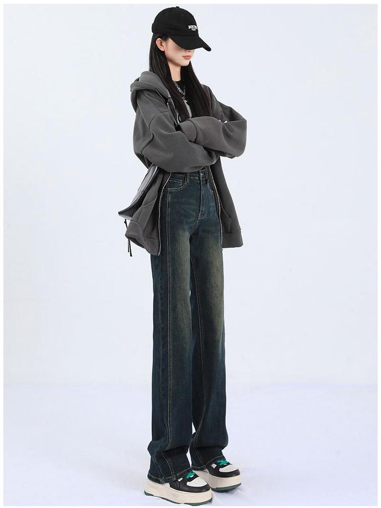 Women's 2025 Retro Blue Patchwork High-Waist Straight-Leg Jeans