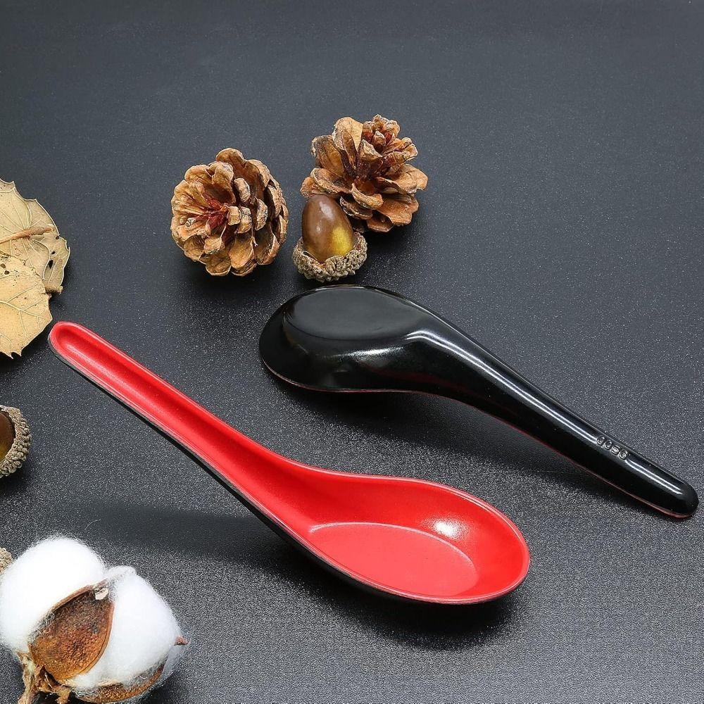 2pcs Japanese Style Melamine Red Black Soup Spoon Simulated Ceramic Heat-resistant Ramen Spoon Drop-resistant Long Handle