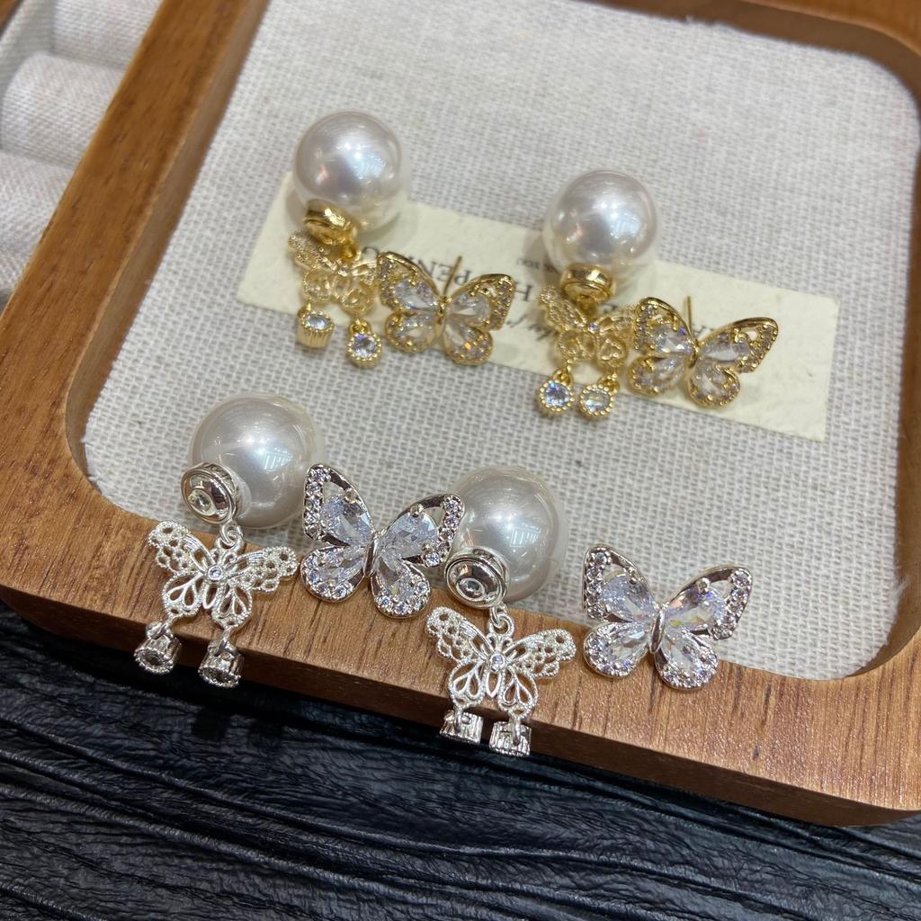 Copper Plated Thick Silver Super Fairy Inlaid Zircon Butterfly Tassel Two Wearing Earrings Female Sweet Temperament Stud Earrings