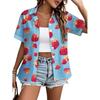 Womens Loose Fit Short Sleeve Printed Shirt Casual Vacation Style Collared Open Front Top