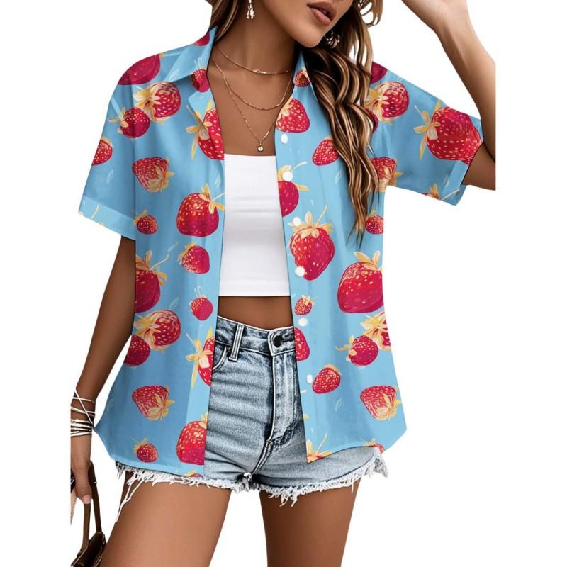 Womens Loose Fit Short Sleeve Printed Shirt Casual Vacation Style Collared Open Front Top