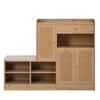 Schuhschrank mit gepolsterter Bank, 3 geflochtene Rattan-Türen und 1 Schublade, Aufbewahrungsschrank mit Schuhregal für Flur, Holzoptik, B142xT35xH110 cm