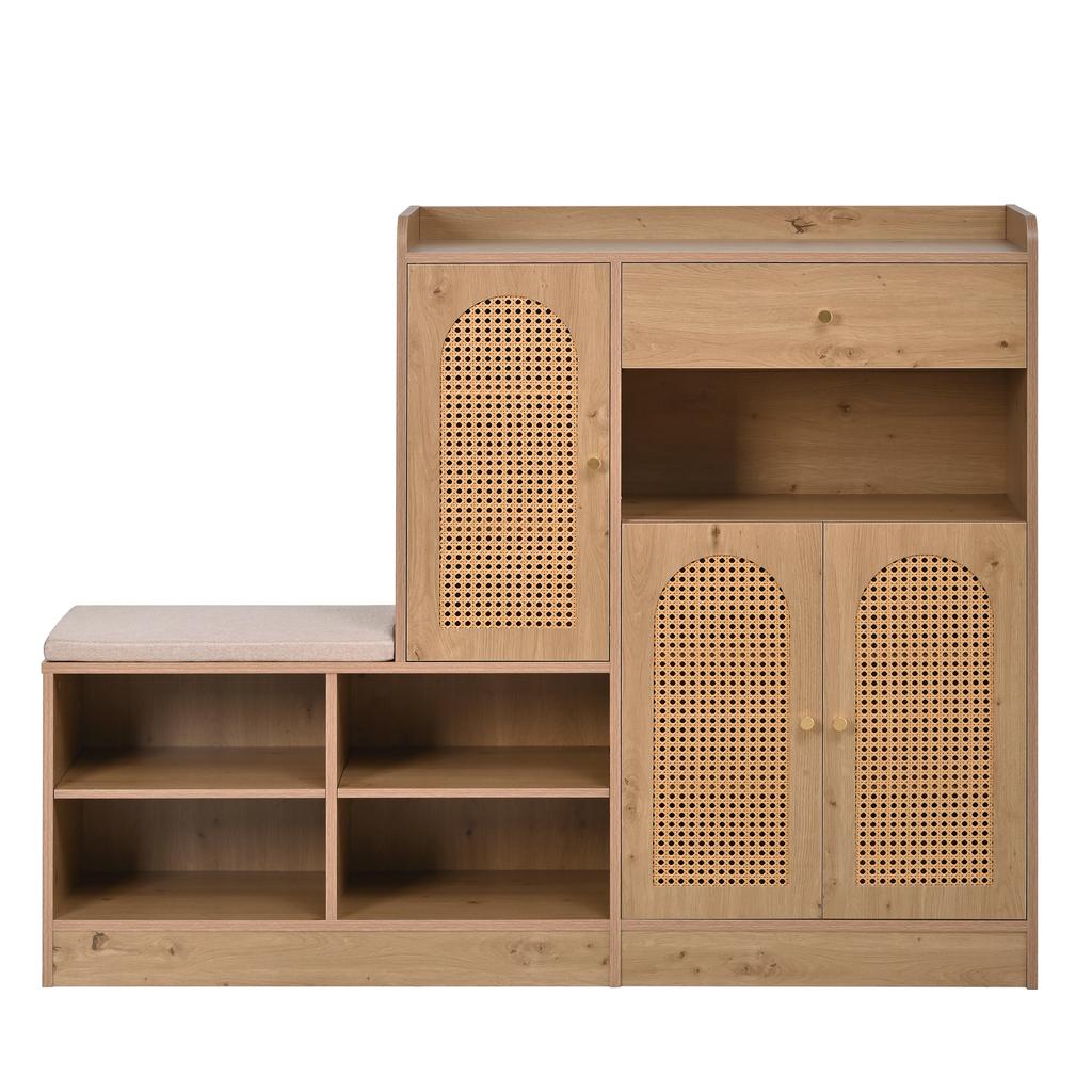 Schuhschrank mit gepolsterter Bank, 3 geflochtene Rattan-Türen und 1 Schublade, Aufbewahrungsschrank mit Schuhregal für Flur, Holzoptik, B142xT35xH110 cm