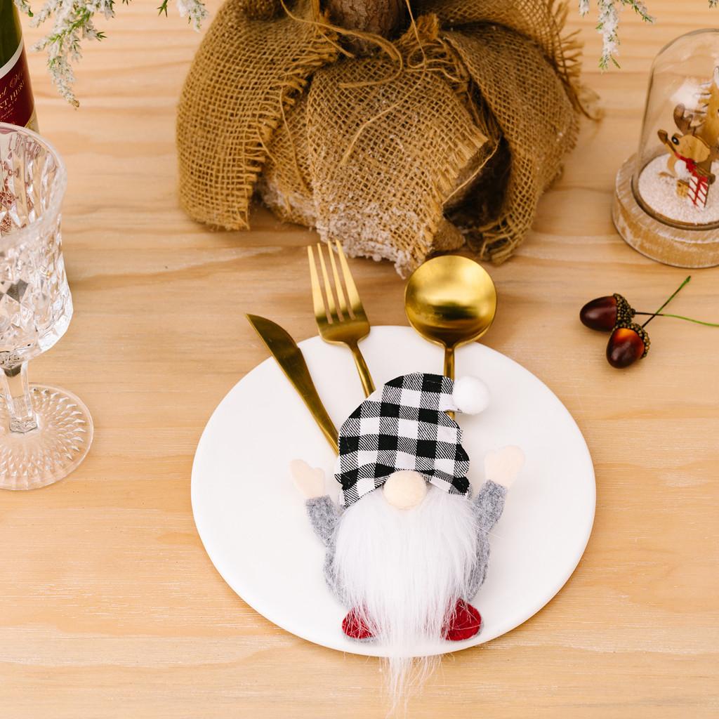 Festive Checkered Hat Gnome Tabletop Ornament With Cutlery Holder Holidays For
