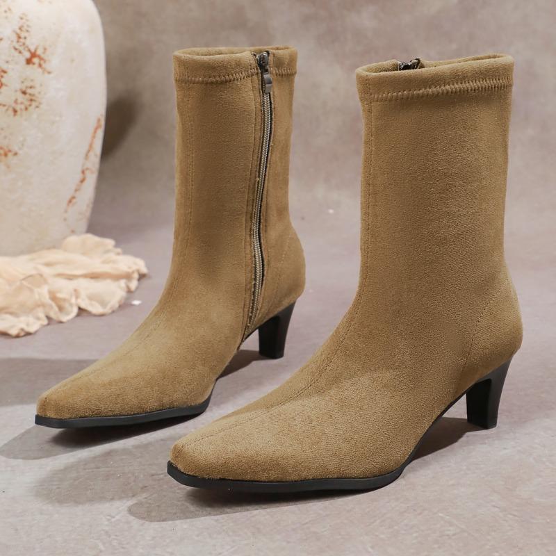 Fashion Short Thigh Boots Women's Fashion Square Toe Suede Side Zipper Non-Slip Wear-Resistant Slim Follower Boots