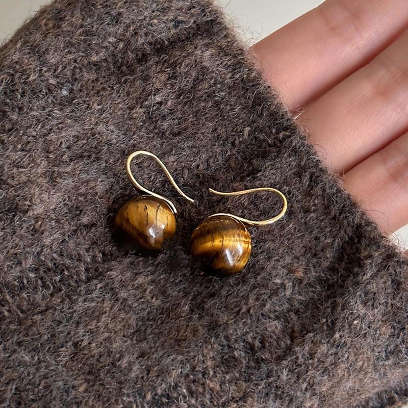 18k real gold electroplated tiger's eye stone geometric stud earrings Maillard temperament earrings earrings women