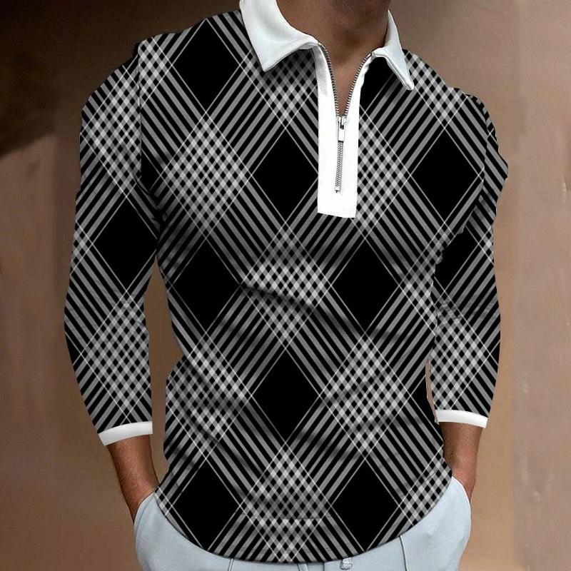 Herren Digitale Print Lässiges Umlegekragen Langarm Poloshirt Modisches Reißverschluss Oberteil