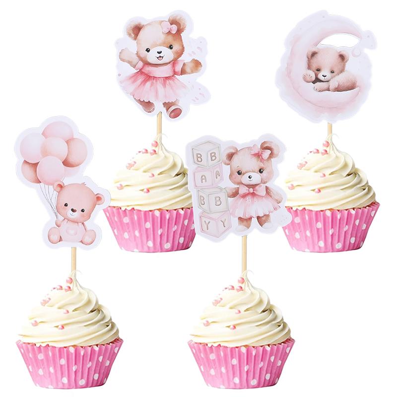 12/24Pcs Cartoon Bear Cupcake Toppers for Kids Baby Boy Girl 1st Birthday Party Cake DIY Decoration Blue Pink Baby Shower Favors