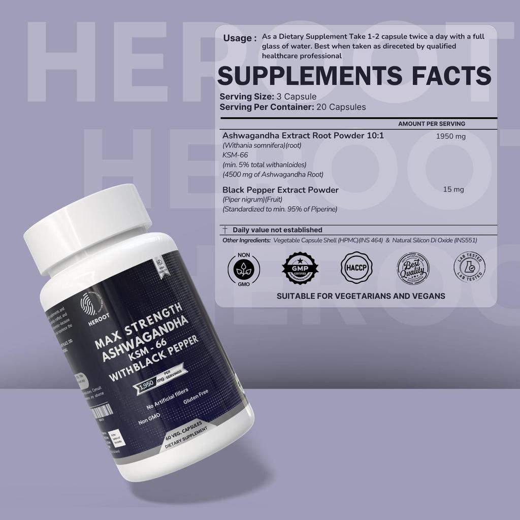 Heroot Ashwagandha & Black Pepper Capsules | 1950 Mg | Dietary Supplement