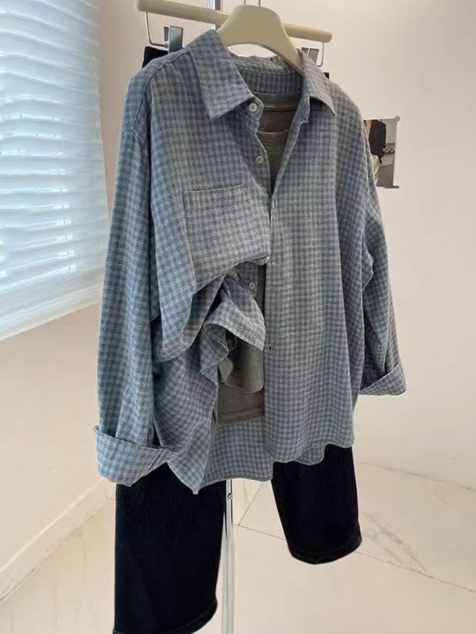Blue Plaid Retro Cotton Womens Long Sleeve Shirt Springautumn Lazy Style Top