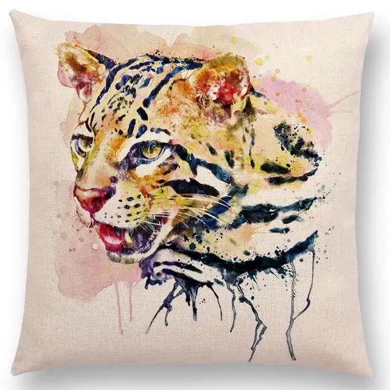 Watercolor Animals Cushion Cover Portrait Head Bighorn Lion Leopard Tiger Bear Eagle Horse Dogs  Home Sofa Throw Pillow Case