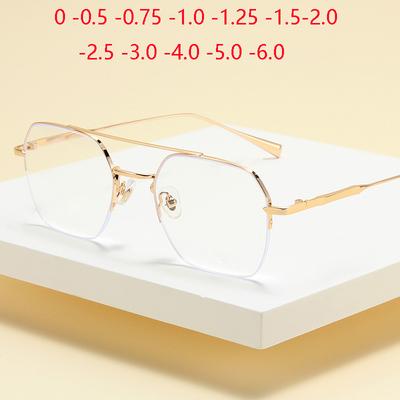 Half Frame Blue Light Blocking Polygon Nearsighted Glasses Women Men Short-Sight Prescription Spectacles 0 -0.5 -0.75 To -6.0