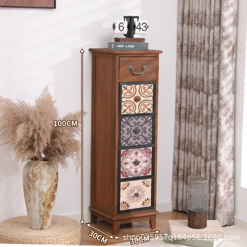 American Solid Wood Narrow Retro Painted Drawer Cabinet - Bedroom & Small Apartment Side Storage.