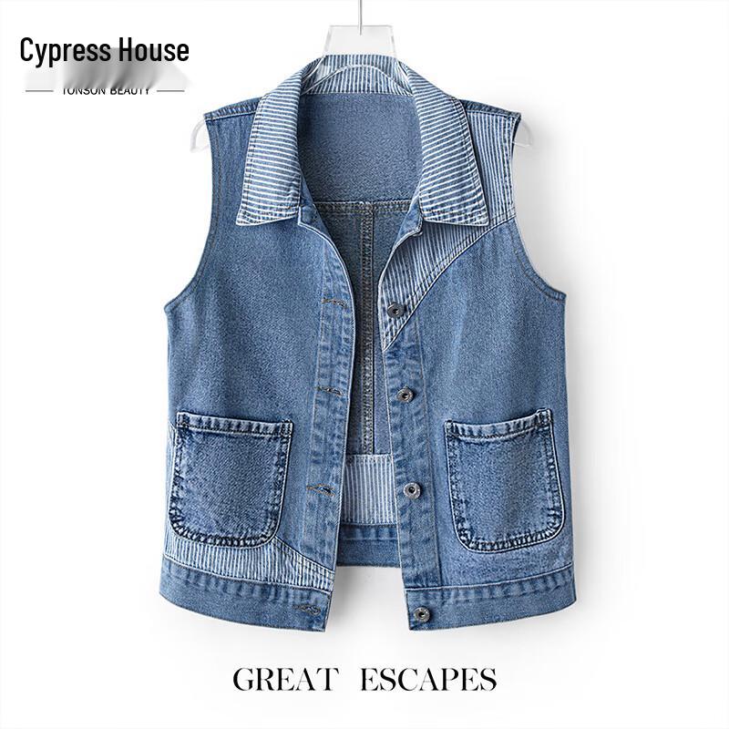 Women s Striped Spliced Denim Vest L