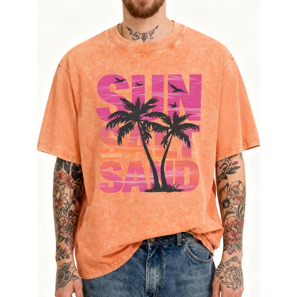 Sun Salt Sand Pattern Street Sport Streetwear Man Loose Soft Washed T Shirt Summer Casual Short Sleeve Cotton T-Shirt
