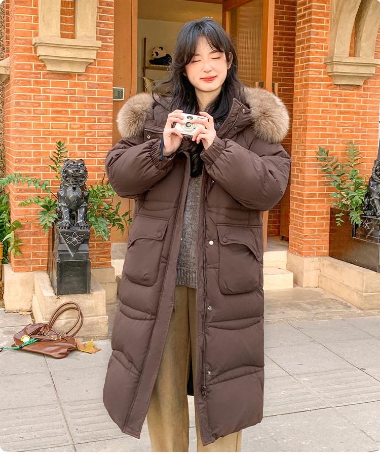 Women's extended down jacket women's new winter thickened fox hair white duck down loose coat
