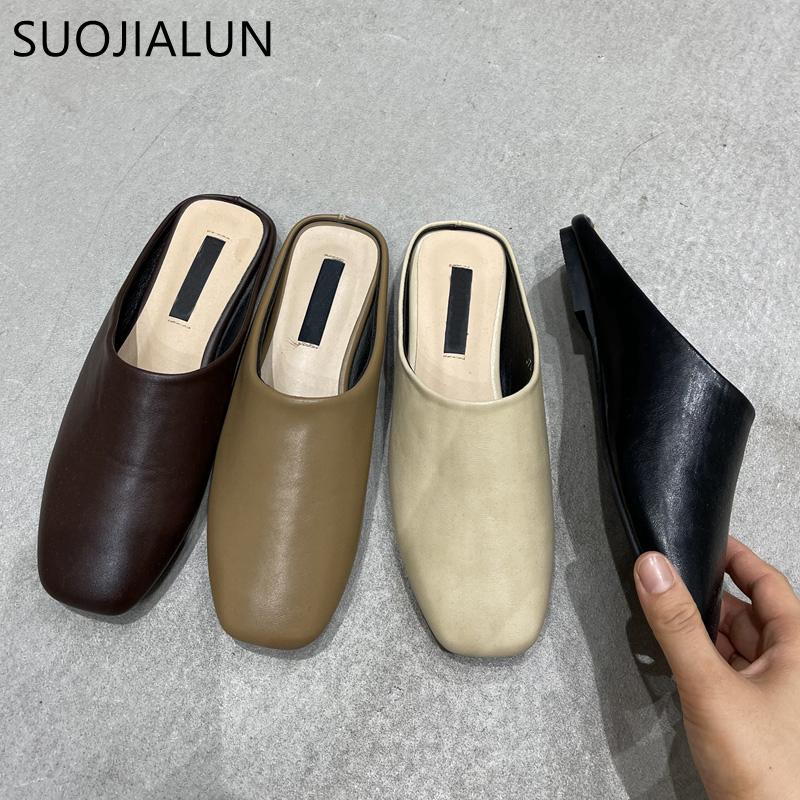 Mode SUOJIALUN Sommer Flacher Absatz Damen Slipper Mode Damen Lässig Runde Zehenpartie Slip-On Pantoletten Schuhe Outdoor Weiches Leder Sandalen Slides