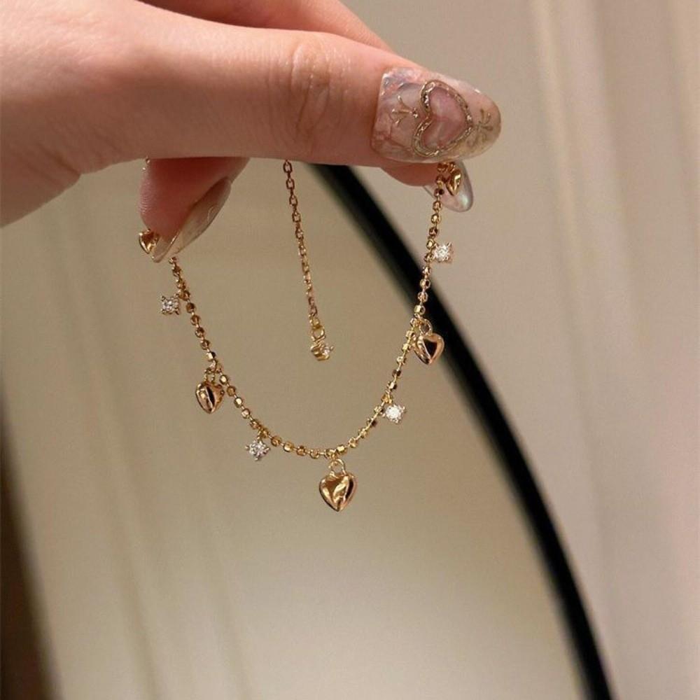 Rhinestone Heart Bracelet Bead Charm Hand Chain Elegant Gold Bracelet  Women