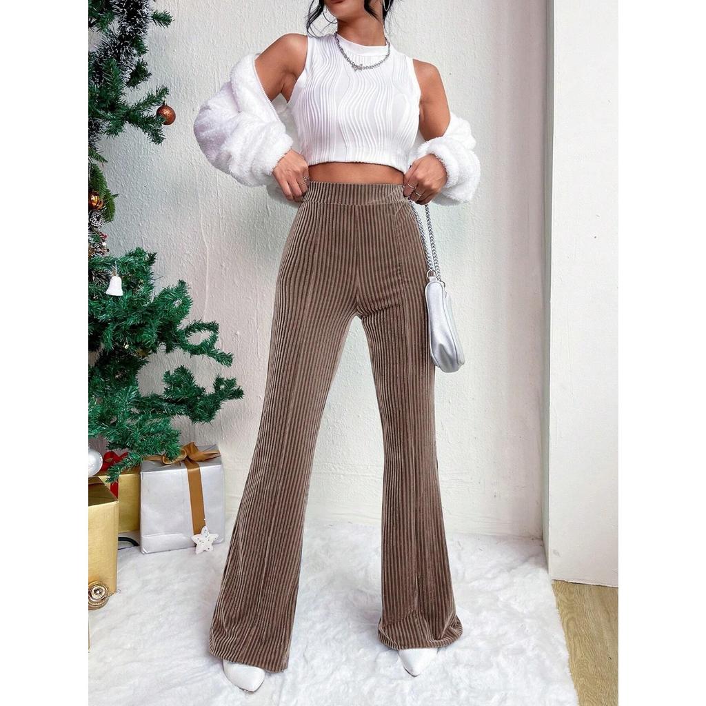 Ladies, High Waisted, Corduroy, Flared Pants, Solid Color, Casual Pants, Wide Leg Pants, Long Pants
