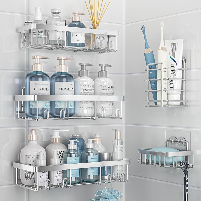 5 Pack Shower Caddy Organizer Rack Shelf for Inside Shower, Adhesive Bathroom Wall Storage Basket Rustproof Stainless Steel Shampoo Holder, Girly