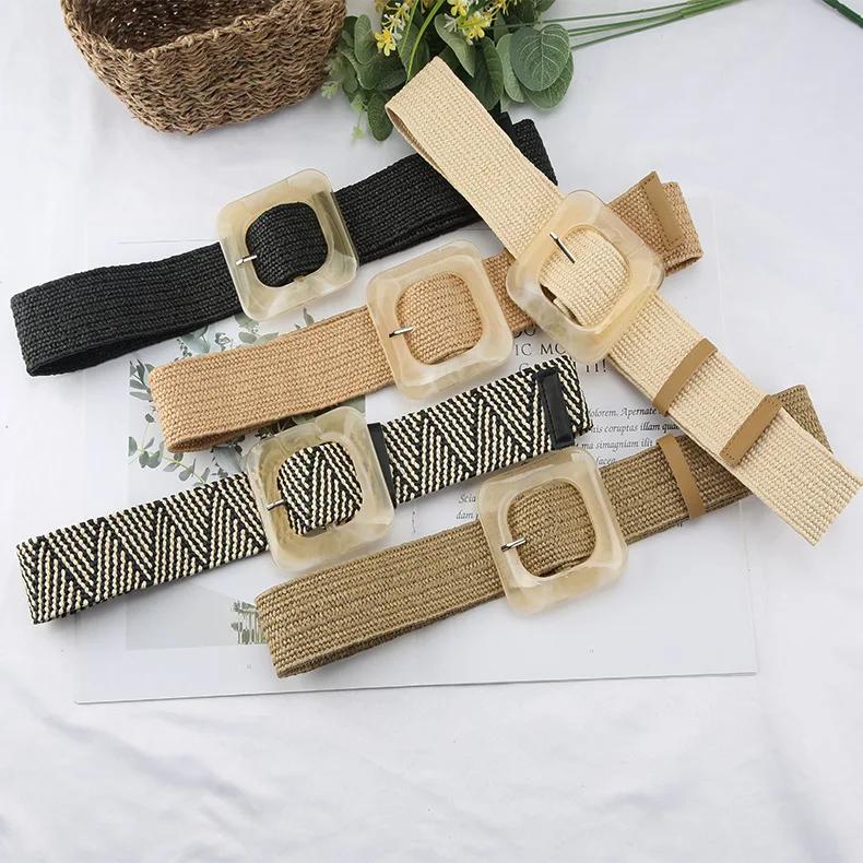 New PP grass woven belt women's retro cotton and hemp ethnic dress with waist closure square buckle decorative belt