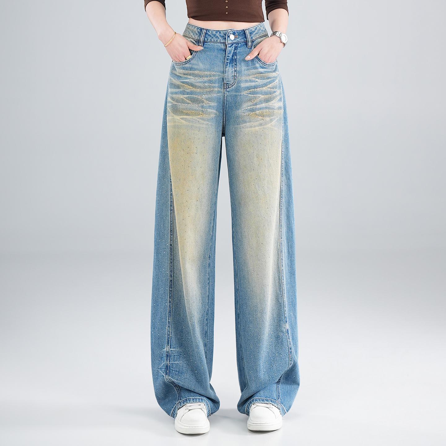 

Spring 2026 Hot Diamond Women’s High Waist Straight Wide-Leg Jeans, Slimming, Anti-Wrinkle, Casual Fit. L (105-115 kg) синий