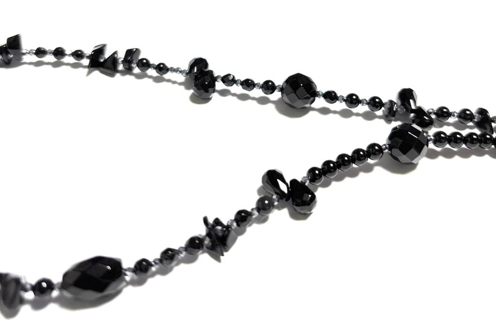 [Malline] Natural Stone Long Necklace: Onyx (Black Gemstone) X Terahertz (Black Silver) - Sophisticated Black / Healing Amulet / Handmade In Japan