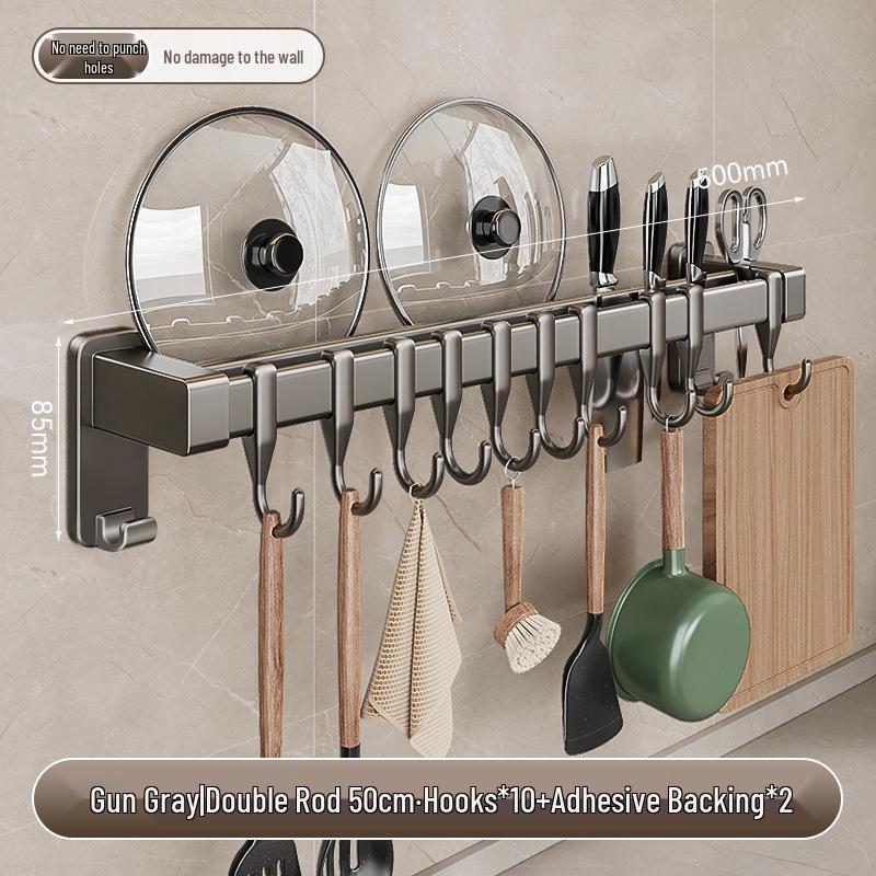 Gun Gray Kitchen Rail Hook Punch-Free Multi-Functional Organizer: Spoon, Spatula, Knife Holder with Hanging Hooks