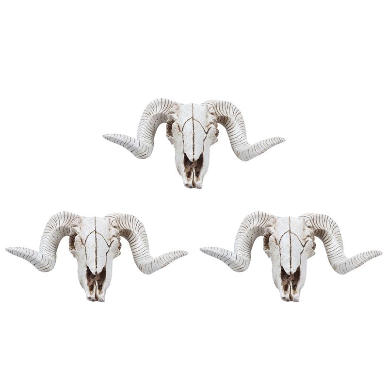 A84X-3X Creative Resin Sheep Head Skull Head Wall Hanging 3D Animal Longhorn Sculpture Figurines Crafts Horns