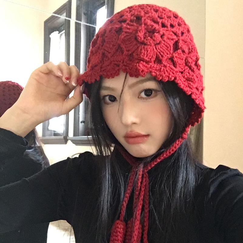 Autumn and Winter Crochet Bag Hat Women's Wheat Ear Fringed Knitted Hat Fashion Literary Pullover Hat Trendy Wool Hat