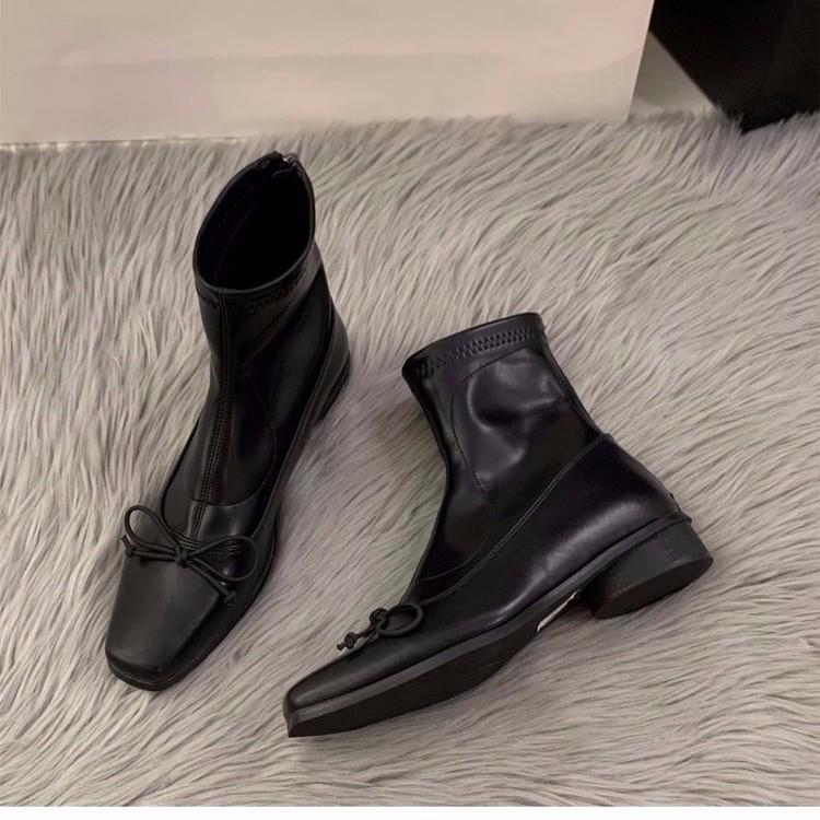 Fashion Women's Fashio slim short boots back zip closure elegant lady shoes squre toe with bow knot Modern Ladies Short Boots Shoes