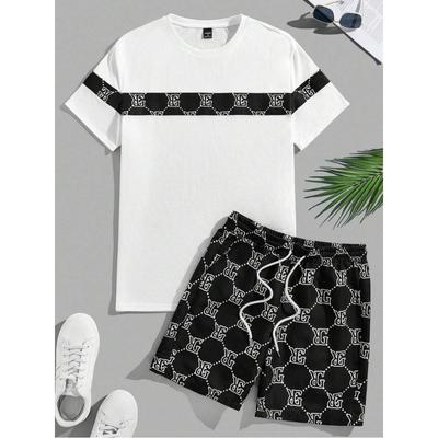 Rundhals-Herrenanzug im Retro-Stil mit Aufdruck, Zweiteiliges Set, Kurzarmhemd, Bequemer und Atmungsaktiver Anzug