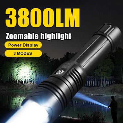 Linterna LED potente de 3800 lúmenes, recargable por USB, con zoom, portátil, resistente al agua, luz de trabajo