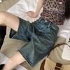 Women Denim Shorts High Waist Vintage Washed Straight Wide Leg Pure Color Button Zipper Closure Streetwear Knee Length Jeans Short Pants Plus Size
