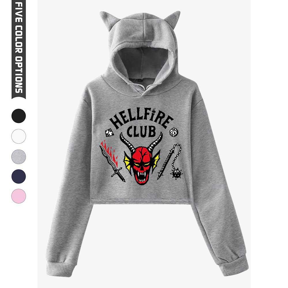 NOWOŚĆ Damska Modna Bluza z Kapturem Crop Top z Długim Rękawem z Nadrukiem Klubu Piekielnego Hoody dla Dziewcząt
